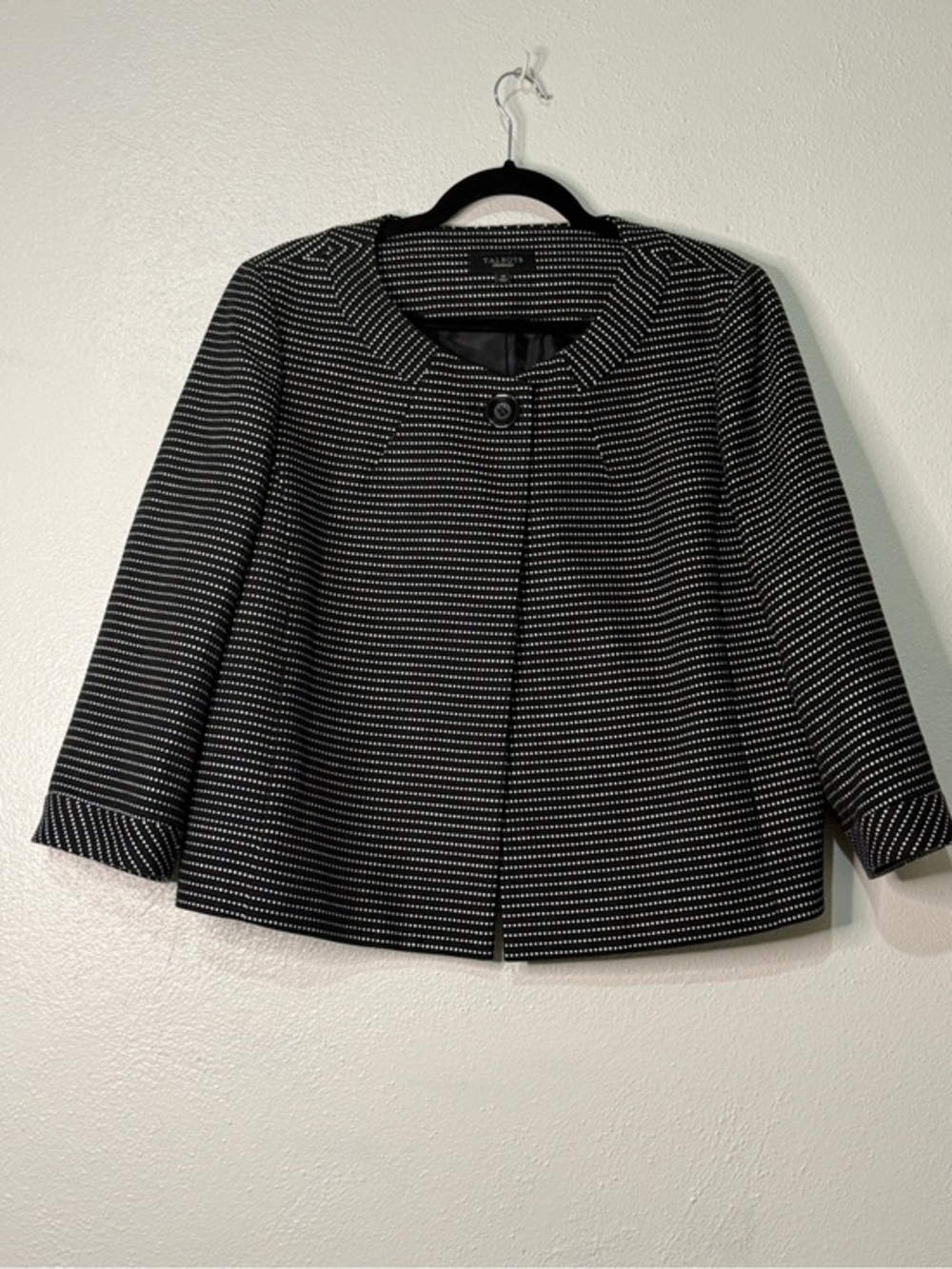 Talbots Black & White Dot-Pattern Cropped Cotton Jacket. Fully lined. Sz 14.